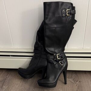 Guess Black Knee-High Platform Stiletto Boots with Buckles